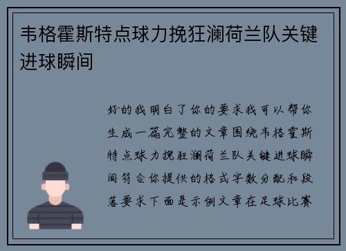 韦格霍斯特点球力挽狂澜荷兰队关键进球瞬间